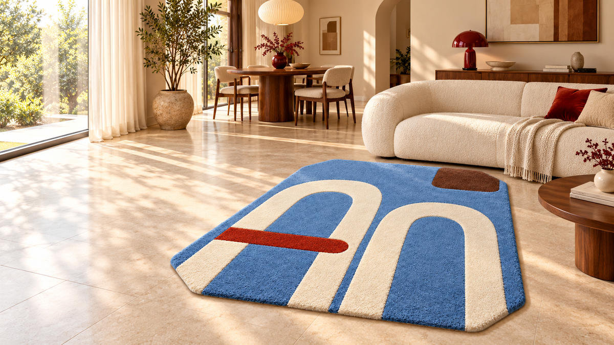 Fomeln blue and red geometric rug in a sunlit living room