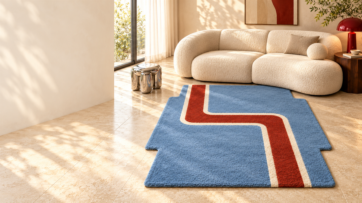 Fomeln blue arch rug in a warm modern interior